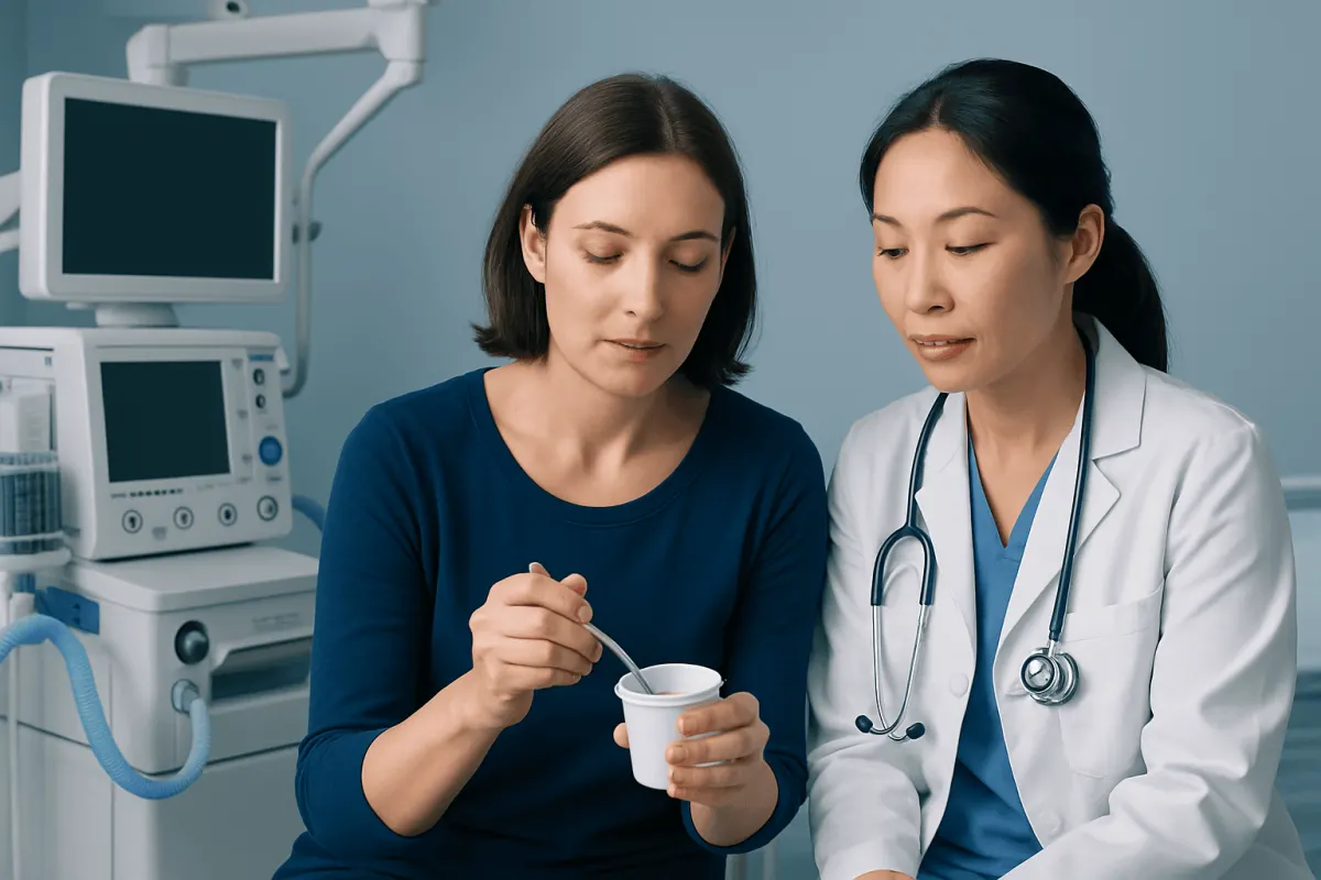 Doctor advising a patient about health in a clinical setting.