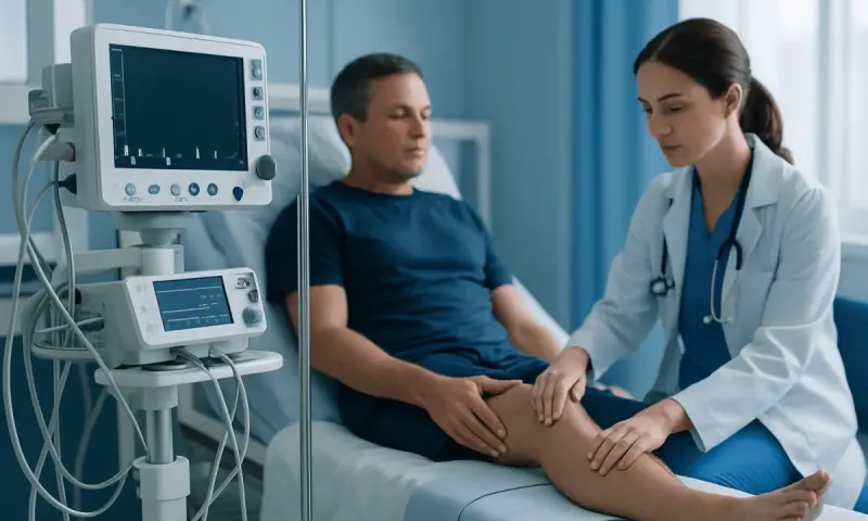 Doctor examining patient's leg in hospital room with medical equipment.