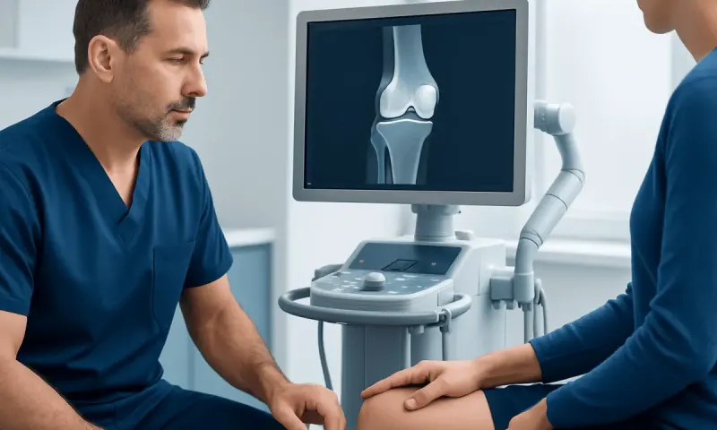 Orthopedic doctor examining knee with ultrasound imaging at Acibadem Hospital.