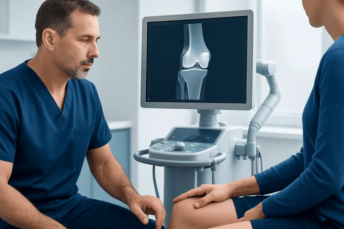 Orthopedic doctor examining knee with ultrasound imaging at Acibadem Hospital.