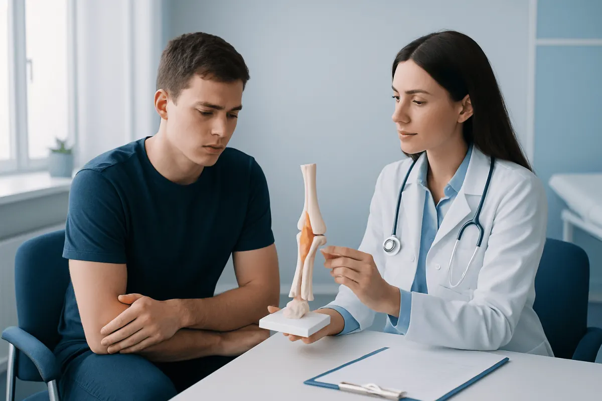 Doctor explaining medial epicondyle fracture to young patient with knee model.
