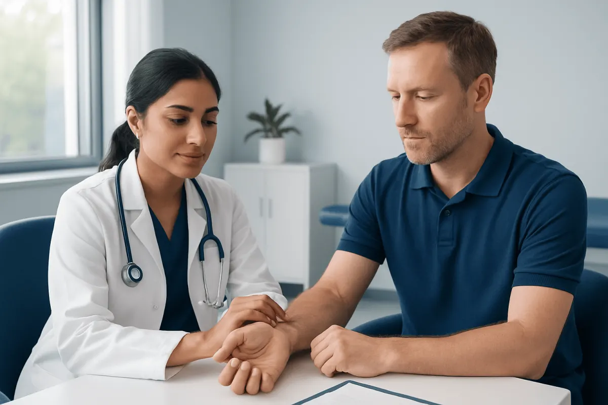 Doctor checking patient's pulse in a clinical setting.
