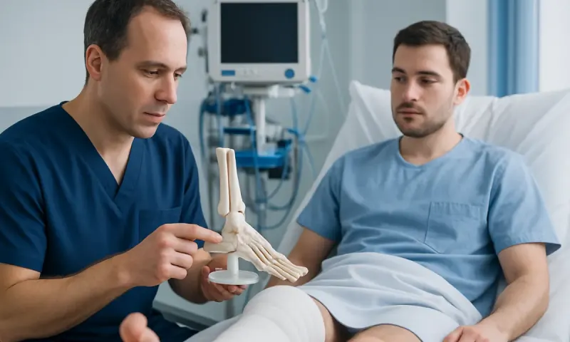 Doctor explaining ankle anatomy to patient in hospital room.
