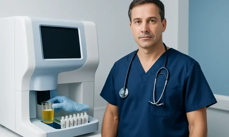 Male healthcare professional with urine analysis equipment in a clinical setting.