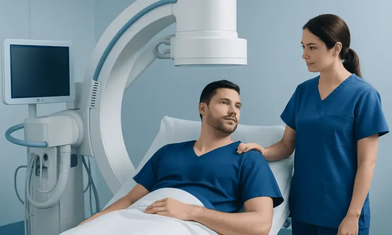 Medical professional consulting patient in hospital room with imaging equipment.