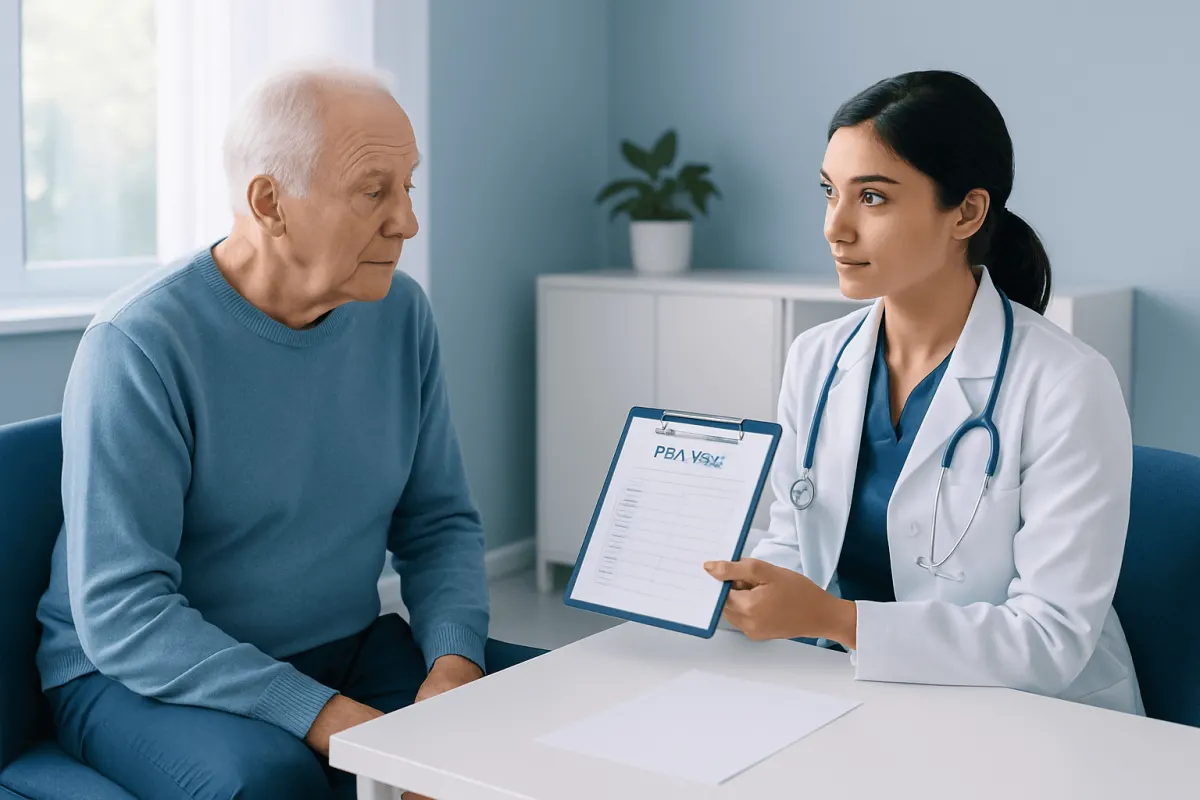 Doctor explaining PSA test results to an elderly male patient in a clinic.