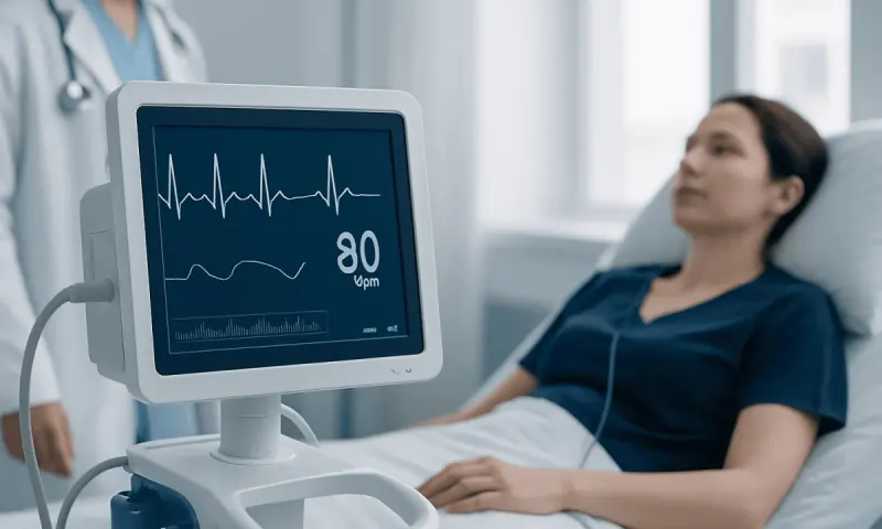 Patient monitored with ECG displaying 80 bpm heart rate at Acibadem Hospital.