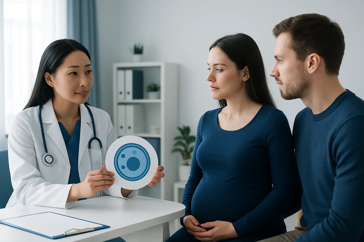 Doctor explaining embryo development to a couple in a consultation room.