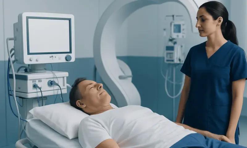 Patient undergoing MRI scan in a hospital setting with medical staff present.