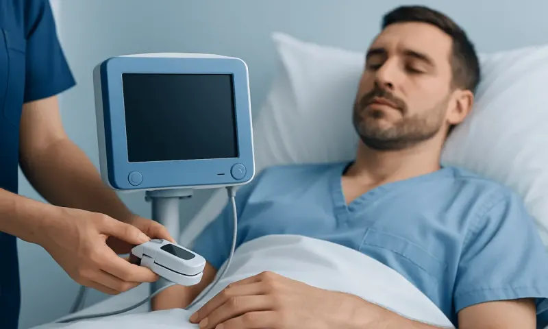 Patient undergoing pulse oximetry test for oxygen level monitoring.