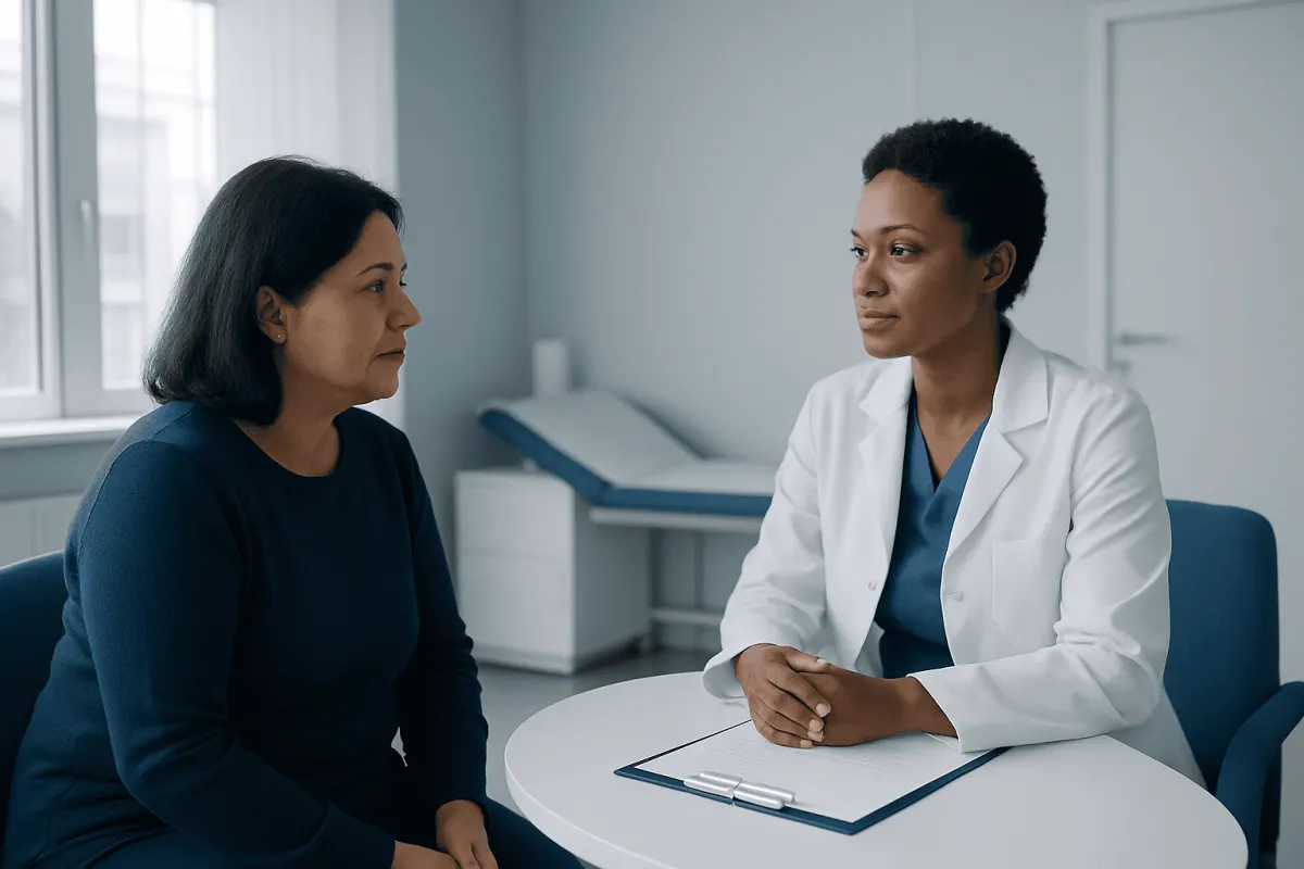 Doctor consulting with patient in a medical office setting.