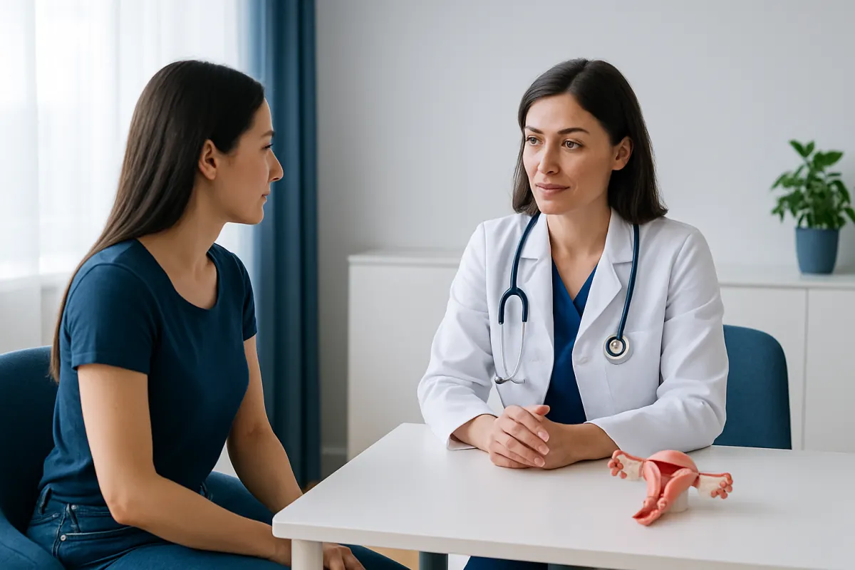 Doctor consulting patient about aesthetic gynecology procedures in clinic.