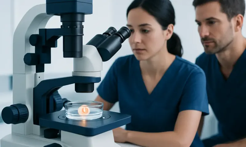 Scientists examining an embryo under a microscope in a laboratory setting.