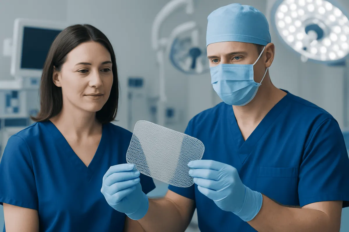 Surgeons examining hernia mesh in a hospital operating room.