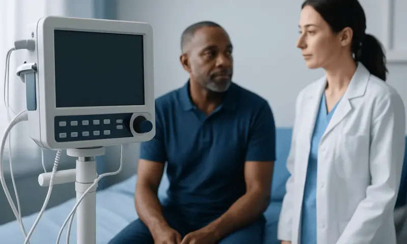 Doctor consulting patient in hospital room with medical monitor.