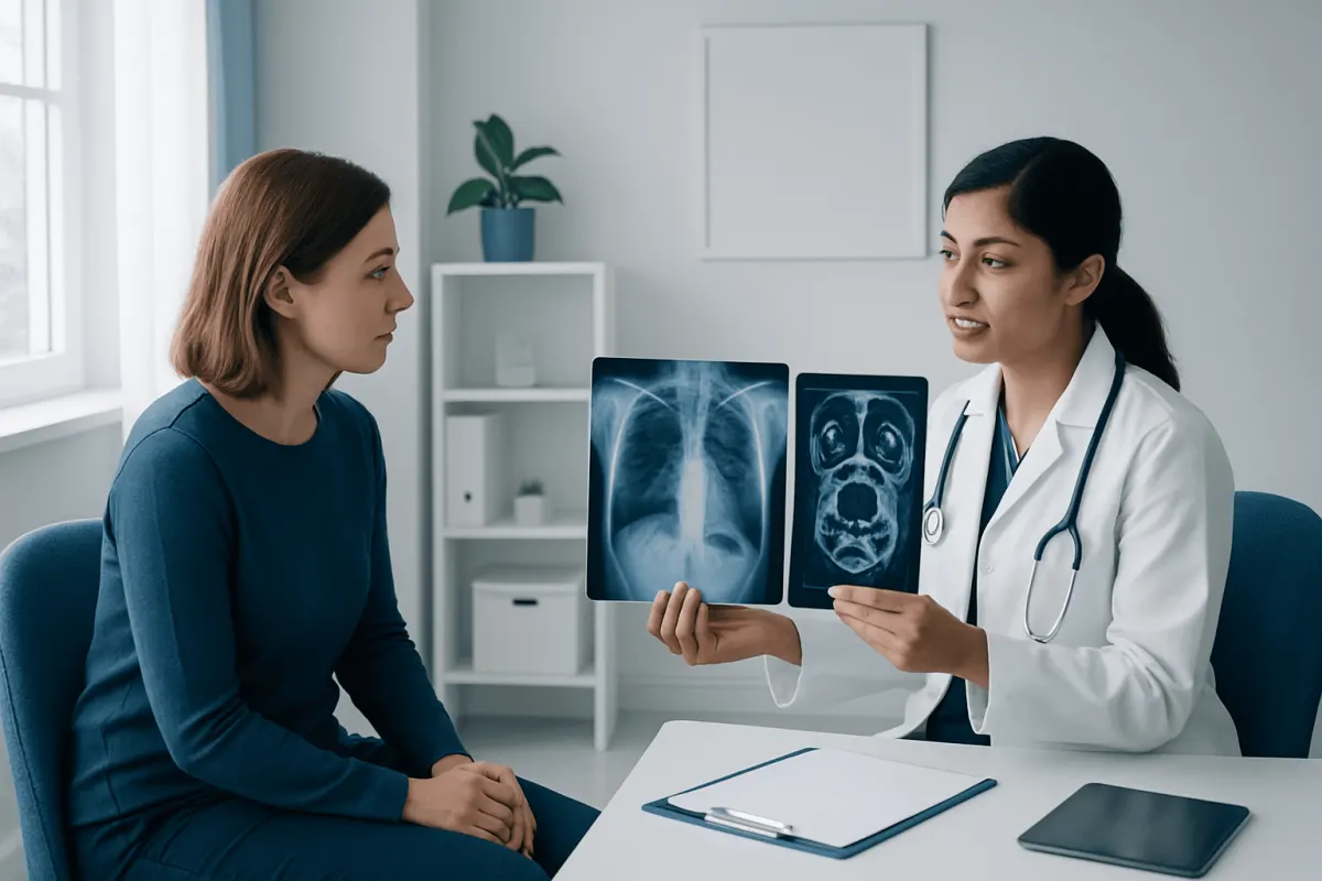 Doctor explaining X-ray images to a patient in a medical consultation room.