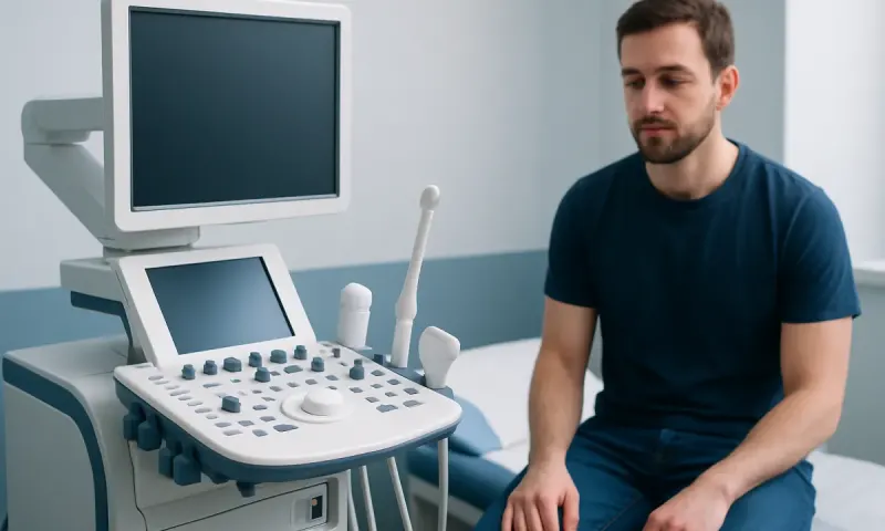 Male patient undergoing ultrasound examination at a hospital.