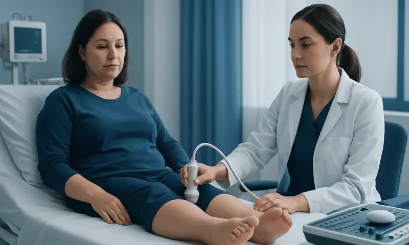 Doctor performing an ultrasound on a patient's swollen foot in a hospital room.