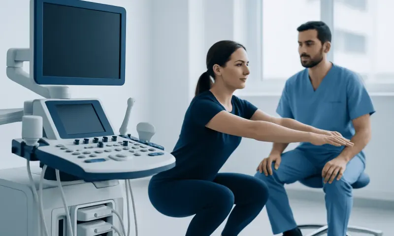 Patient undergoing a medical examination with ultrasound equipment in a hospital.