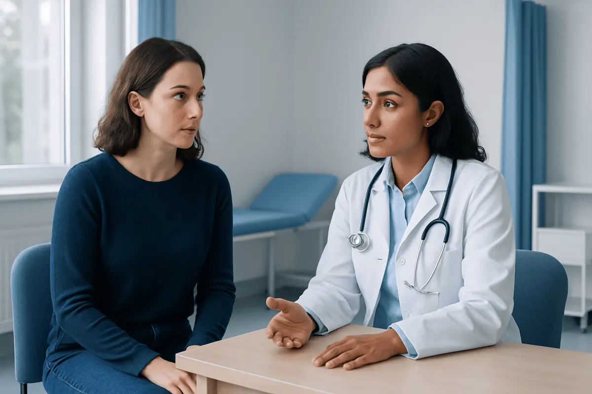 Doctor consulting with a woman patient in a medical office setting.