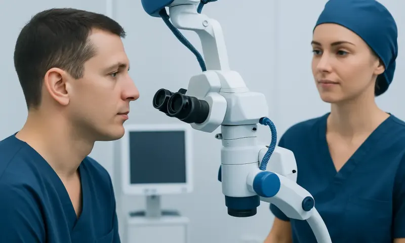 Medical professionals using a microscope in a clinical setting.