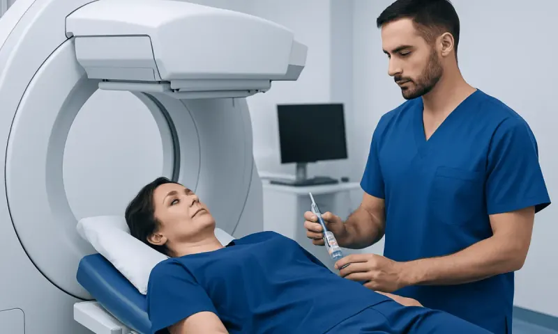 Medical professional prepares patient for imaging scan at Acibadem Hospital.
