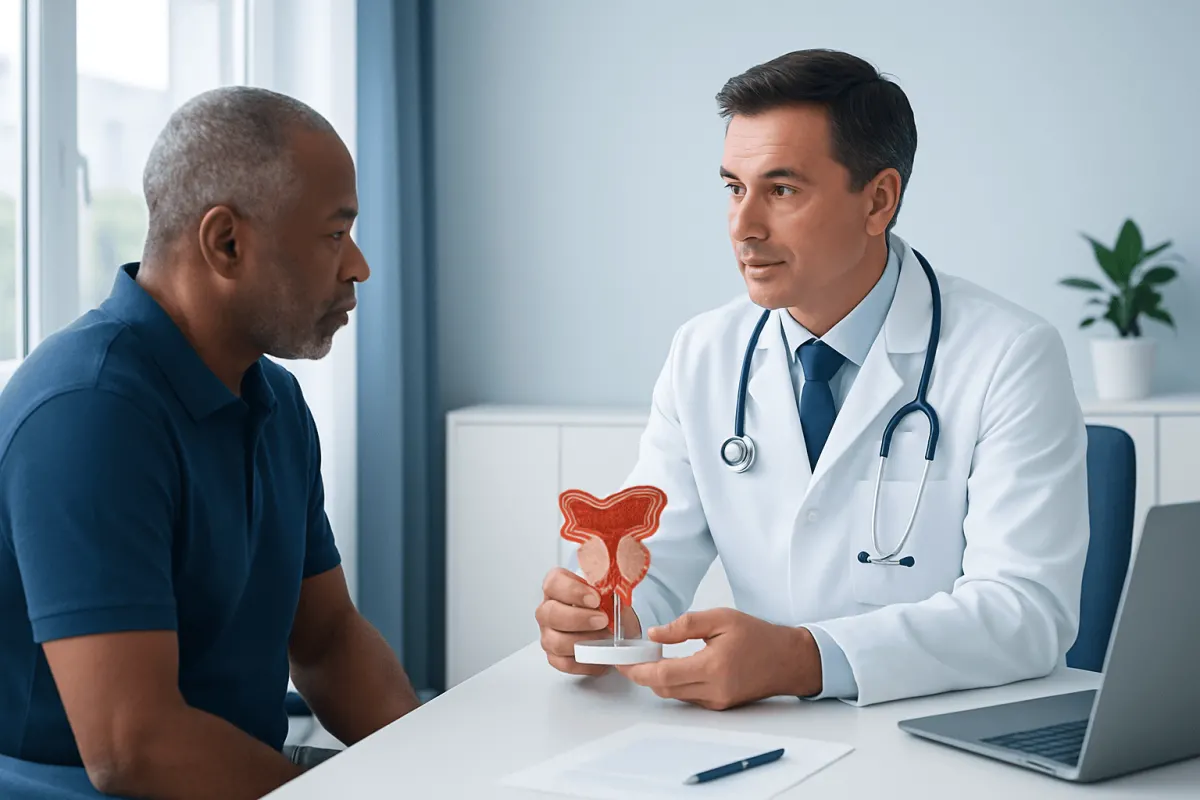 Urologist explaining prostate anatomy to patient in consultation room.