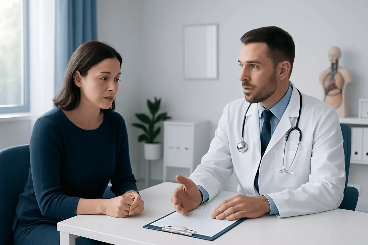 Doctor consulting with a female patient in a medical office.
