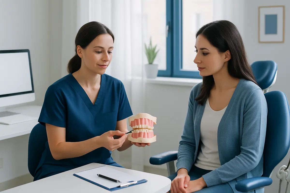 Dentist explaining dental prosthesis to patient in clinic setting.