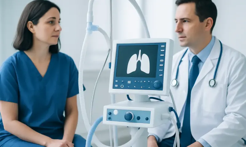 Doctor explaining lung scan to patient in hospital setting.
