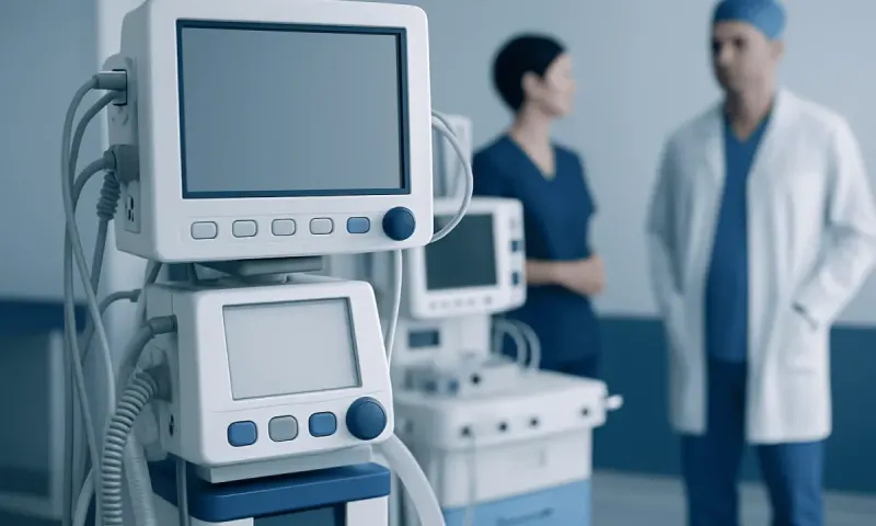 Medical monitors and healthcare professionals in a hospital setting.
