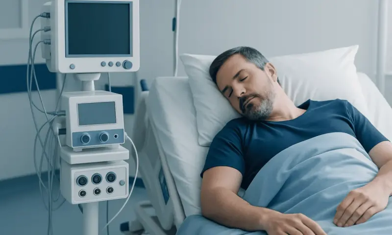 Patient sleeping in hospital bed with medical monitors nearby.