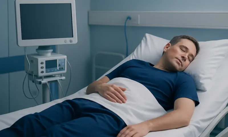 Patient resting in hospital bed after inguinal hernia surgery.