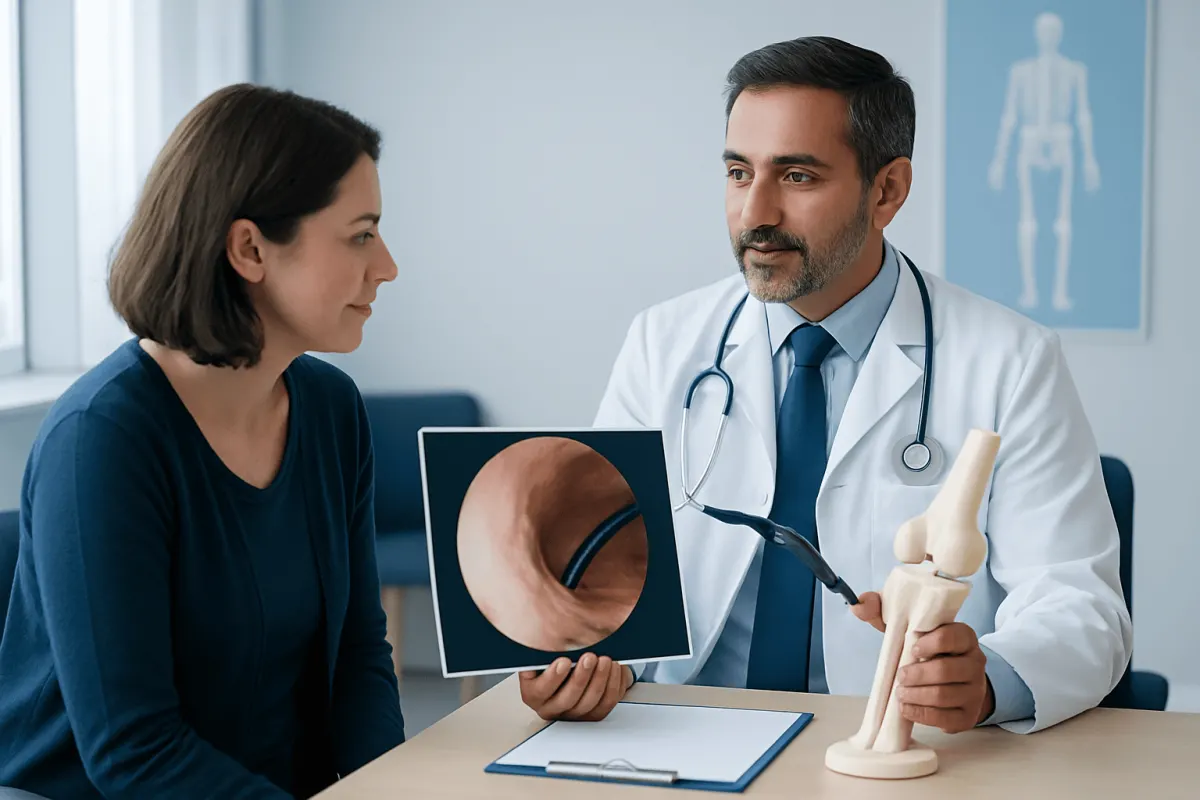 Doctor explaining endoscopy procedure to a patient in a clinic setting.