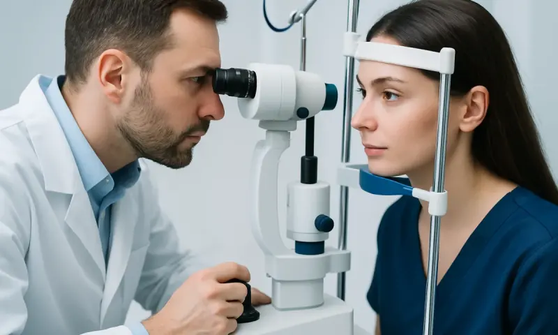 Ophthalmologist examining a patient's eye with a slit lamp.