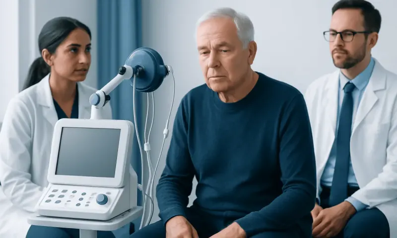Doctor and medical team conducting a neurological exam on an elderly patient.