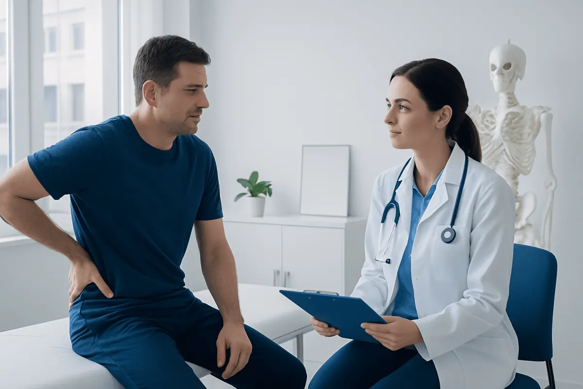 Doctor consulting with patient about back pain in a medical office.