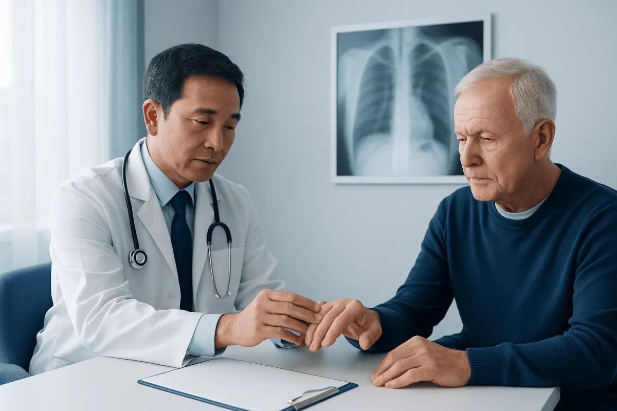 Doctor examining patient's finger in a medical consultation room.