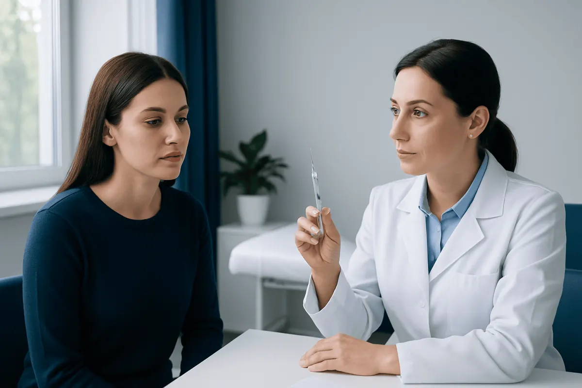 Doctor explaining lip injection procedure to patient in clinic setting.