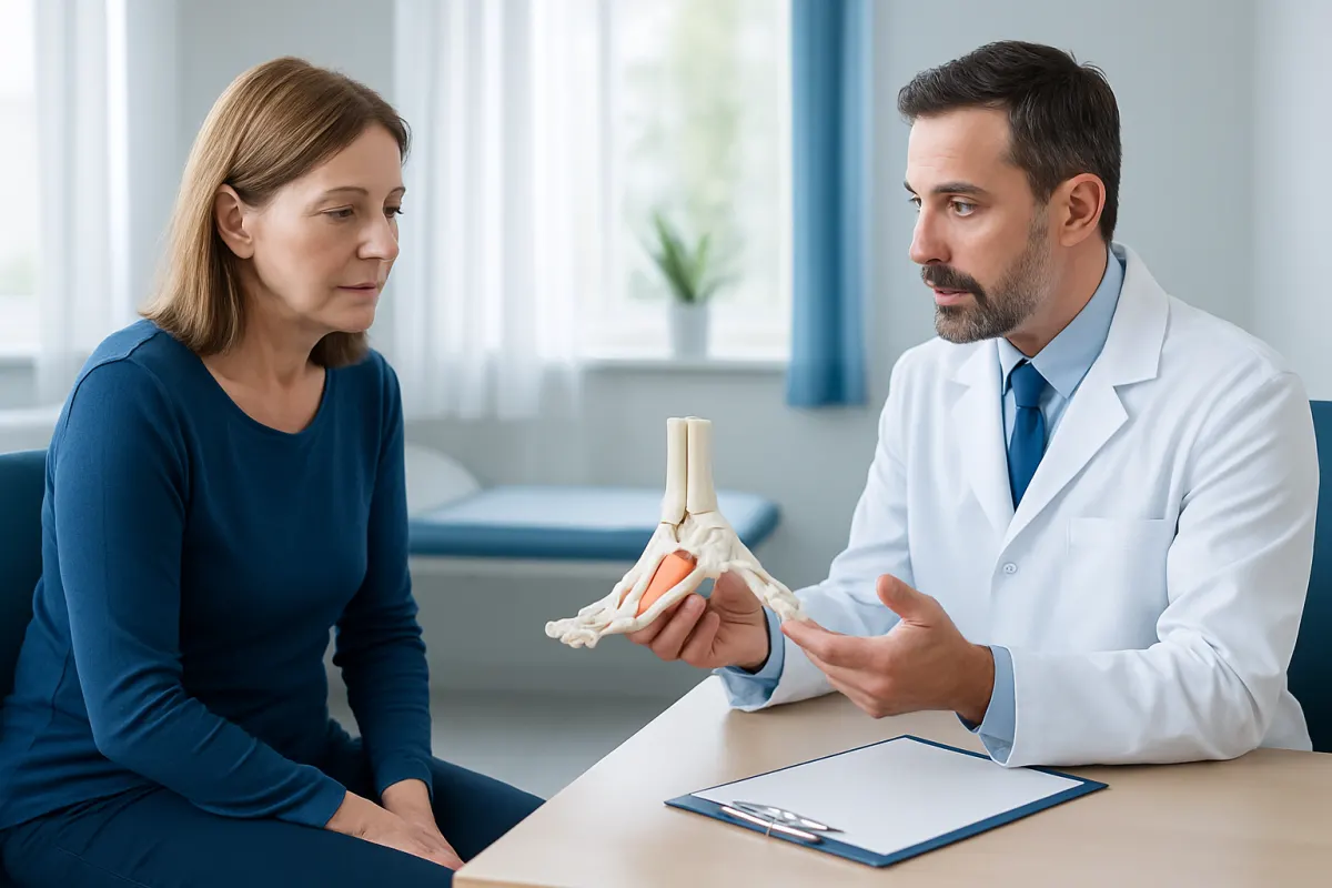Orthopedic doctor explaining bunion surgery recovery to a patient.