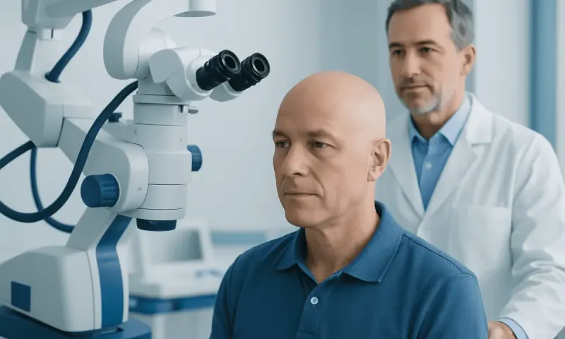 Doctor examining male patient with a microscope in a medical clinic.