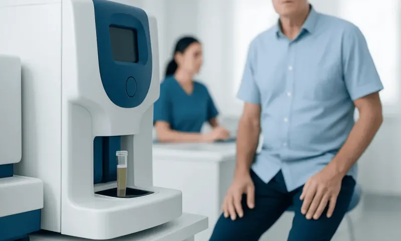 Male patient undergoing urinalysis test in a medical clinic.