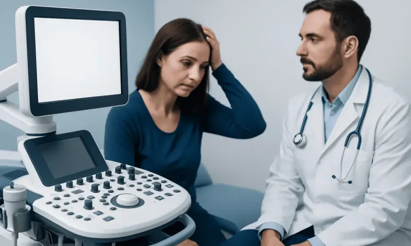 Woman consulting with doctor about hair loss in a medical clinic.