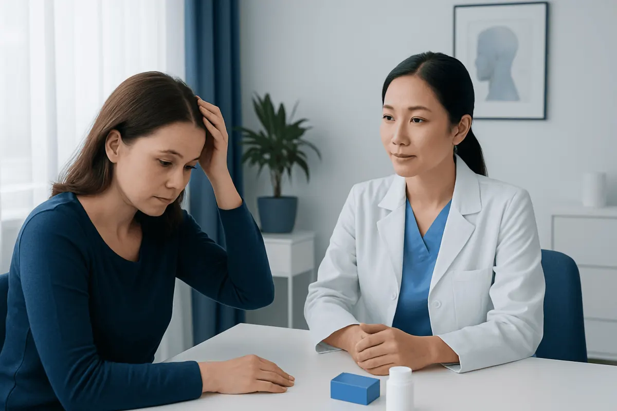 Woman consulting with doctor about hair loss treatment options.