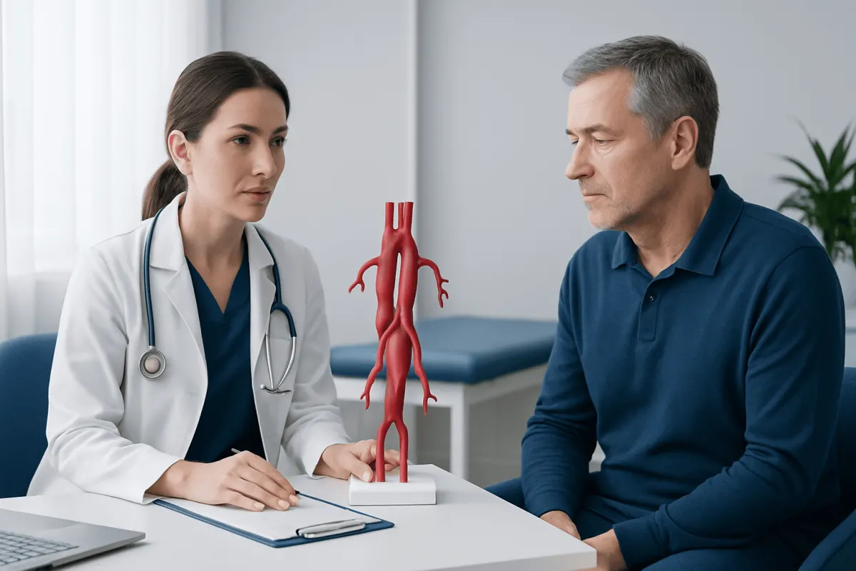 Doctor explaining aortic aneurysm to patient with model.