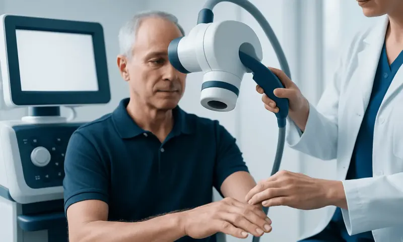 Doctor performing a neurological exam on a patient with advanced medical equipment.