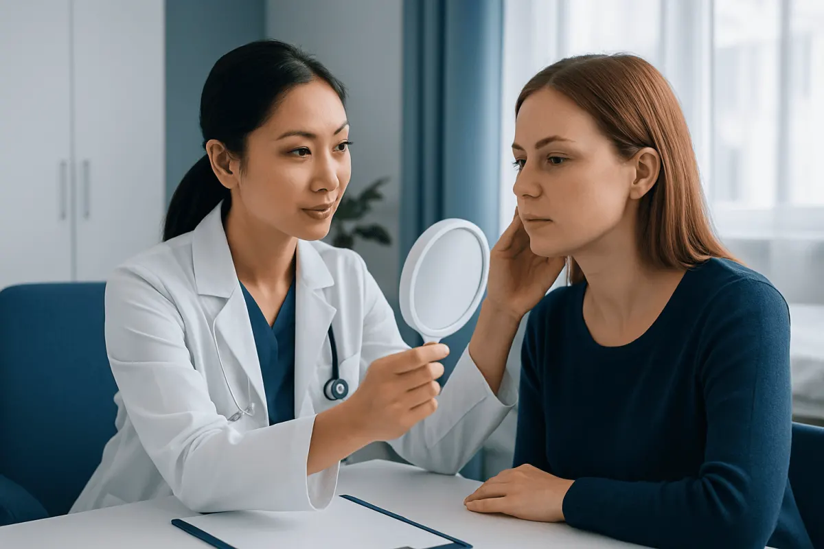 Dermatologist examining a woman's face with a mirror in a clinic setting.