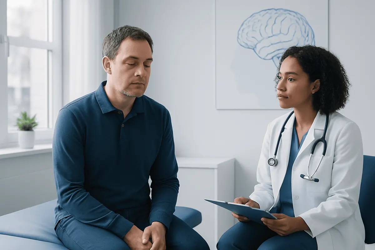 Doctor consulting with patient in neurology clinic with brain diagram in background.