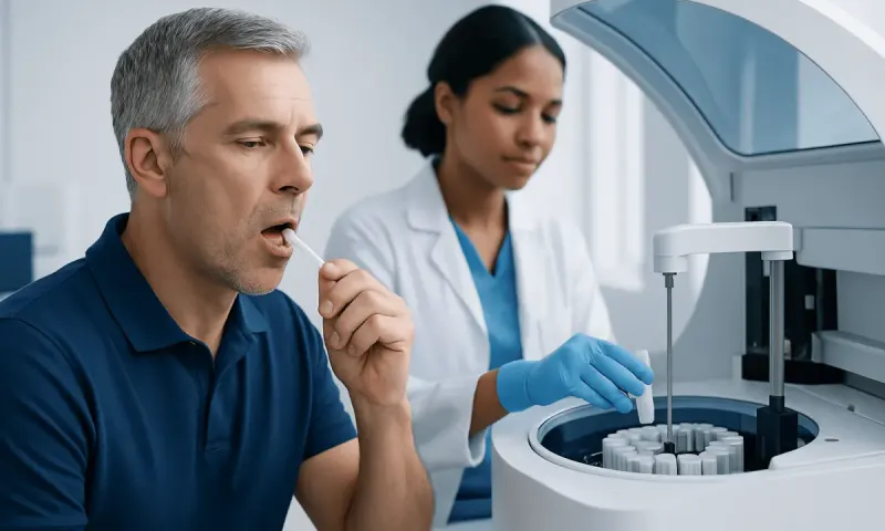 Male patient undergoing saliva test at a medical laboratory.