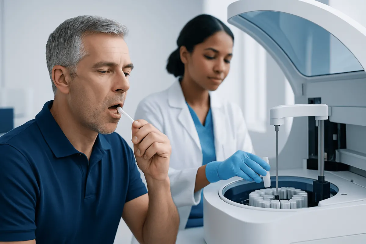Male patient undergoing saliva test at a medical laboratory.